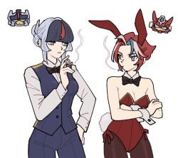 breasts bunny_ears bunny_girl bunnysuit cigarette clothed clothes clothing evac_(cybertron) genderbent genderswap_(mtf) ntov198440 override rule_63 smoke smoking smoking_cigarette suit suit_and_tie transformers yuri