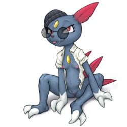 anthro beanie blep breasts clothing collared_shirt dress_shirt eyewear fan_character feathers female generation_2_pokemon genitals hat headgear headwear hi_res mostly_nude neeza_(the_gentle_giant) nintendo pokemon pokemon_(species) shirt sneasel solo sunglasses the_gentle_giant tongue tongue_out topwear vulva
