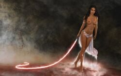 1girls 3d back_skirt black_hair dark-skinned_female fit_female forehead_tattoo githany green_eyes jewelry large_breasts panties sith star_wars topless vemiart whip