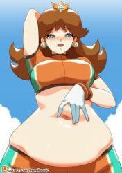 bare_midriff blush crop_top deep_navel dynamic_angle exposed_midriff looking_at_viewer low-angle_view mario_(series) midriff_focus navel_fetish navel_focus navel_spread navellunatic princess_daisy sexy_pose sports_uniform sweating sweaty