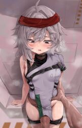 1boy @_@ absurdres ahoge asymmetrical_clothes asymmetrical_sleeves bandana black_shorts blush breasts brown_eyes censored clothed_female_nude_male clothes_pull commentary commission cowboy_shot elmo_dormitory_outfit female g11_(girls&#039;_frontline) girls&#039;_frontline girls&#039;_frontline_2:_exilium grey_hair hair_between_eyes hair_intakes heavy_breathing highres imminent_penetration imminent_vaginal jeon_(user_ywaw3774) looking_at_penis male mechty_(girls&#039;_frontline_2) medium_hair messy_hair mosaic_censoring nude open_mouth pants pants_pull pelvic_curtain penis pixiv_commission pov pov_hands pussy red_bandana short_shorts shorts shorts_pull single_bare_arm small_breasts steaming_body straight thighs wet