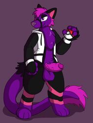 1boy absurd_res anthro anthrofied barefoot clothed clothing crisstail erection feet feline foreskin fur furry hi_res hoodie humanoid_penis hybrid lion male male_only mammal nintendo original_character panther partially_clothed paws penis poke_ball pokemon pokemon_trainer purple_eyes purple_fur solo tail testicles tuft veins veiny_penis video_games