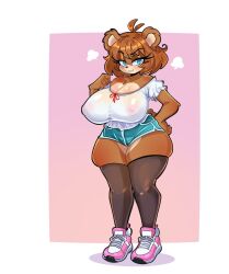 anthro bear big_breasts blue_bottomwear blue_clothing blue_eyes blue_shorts bottomwear breasts brown_body brown_hair cleavage clothed clothing female footwear hair hi_res legwear mammal mixa1512 nipples pink_clothing pink_footwear pink_nipples pink_shoes shirt shoes shorts solo tail thick_thighs thigh_highs topwear white_clothing white_shirt white_topwear