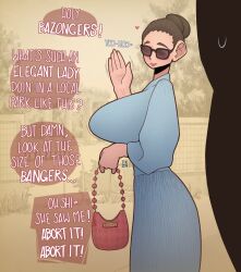 1girls big_boobs big_breasts big_tits boobs breasts english_text glasses hair_bun hairbun original purse speech_bubble takyzen talking text text_bubble tits