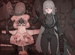 1boy absurdres angelica_(project_moon) anger_vein ass back_tattoo backboob bar_censor bed bed_sheet bite_mark bite_mark_on_breast bite_mark_on_shoulder black_gloves black_jacket black_pants black_shoes black_sweater black_thighhighs blue_eyes body_writing breasts censored closed_mouth collared_shirt cum cum_in_pussy cumdrip dark-skinned_male dark_skin elbow_gloves erection fellatio female from_behind gloves grabbing_another's_breast grabbing_another's_hair grabbing_from_behind groping handprint hands_on_own_thighs hickey high_heels highres holding holding_another's_hair holding_weapon interracial jacket jewelry large_penis library_of_ruina lipstick_mark lipstick_mark_on_breast lipstick_mark_on_penis lipstick_mark_on_stomach long_hair long_sleeves looking_at_another multiple_views muscular muscular_male necklace netorare oral pants penis penis_grab project_moon queen_of_spades_symbol shirt shoes sitting slap_mark sound_effects spade_(shape) spade_tattoo spanked spread_legs squatting straight sweater tally tattoo thighhighs turtleneck turtleneck_sweater very_long_hair weapon white_hair writing_on_ass zero_failure_child-k