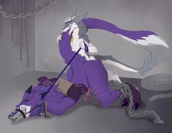 absurd_res anthro arms_tied_behind_back ass bondage bound chains collar digital_media_(artwork) duo erection facial_scar forked_tongue from_behind_position fur genitals grey_body grey_fur hi_res kel leash leash_pull leashed_collar male male/male multicolored_body multicolored_fur muzzle_(object) muzzled nude open_mouth penis purple_body purple_fur raised_tail rear_admiral_position restraints rope rope_bondage scar sergal sex size_difference smile sushigoat tail tongue tongue_out two_tone_body two_tone_fur veela_kahvozein white_body white_fur