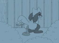 ambiguous_gender ambiguous_pooping anthro anus ass breath closed_eyes crouching enjoying_the_go feces feces_on_ground feces_pile fence fences fur generation_4_pokemon grass hi_res monochrome nintendo open_mouth outside plant pokemon pokemon_(species) pooping_on_floor raised_tail riolu ritzcat scat scatplay shrub solo sound_effects tail teeth text tree wood wood_fence