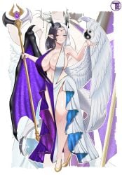 1girls artist_name big_breasts black_hair blue_eyes blush breasts busty cleavage curvy curvy_figure dragon_girl dragon_horns dragon_tail dragon_wings dress female female_focus female_only forehead_jewel heterochromia high_heels horns huge_breasts large_breasts looking_at_viewer midriff navel pointy_ears red_eyes simple_background slit_pupils smile solo solo_female solo_focus split-color_hair standing tail thick_thighs thighs timaeus two_tone_hair watermark white_hair wings