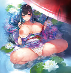 areolae arm_support bangs bare_legs bare_shoulders barefoot beads black_hair blue_eyes blunt_bangs blush breasts collarbone comic_bavel eyebrows_visible_through_hair eyelashes female flower half-closed_eyes holding holding_umbrella huge_breasts japanese_clothes kimono kimono_pull large_breasts leaning_back lily_pad lips long_hair long_sleeves looking_at_viewer lotus lying nipples no_panties obi obiage obijime off_shoulder open_clothes open_kimono oriental_umbrella original parted_lips partially_submerged purple_kimono pyon-kichi reclining ripples sash sidelocks solo spread_legs thighs umbrella very_long_hair water wet wet_clothes wet_hair wide_sleeves