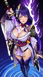 ai_generated braid cleavage electricity genshin_impact japanese_clothes looking_at_viewer purple_eyes purple_hair purple_nails raiden_shogun saraserah standing_in_water sword thigh_highs thighhighs