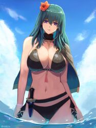 1girls alluring big_breasts bikini black_bikini black_cape blue_eyes blue_sky breasts byleth_(fire_emblem) byleth_(fire_emblem)_(female) byleth_(summer)_(fire_emblem)_(female) cape cleavage closed_mouth cloud dagger fire_emblem fire_emblem:_three_houses fire_emblem_heroes flower hair_flower hair_ornament hibiscus high_res intelligent_systems knife labebebe_lee long_hair looking_at_viewer navel nintendo ocean official_alternate_costume outside red_flower sheath sheathed sky stomach swimsuit teal_hair water weapon