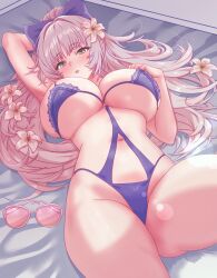 azur_lane bikini blush bow breasts cg cleavage female flower green_eyes grey_eyes grey_hair hair_flower hair_ornament hairbow huge_breasts large_breasts long_hair looking_at_viewer lying navel o-ring_swimsuit official_alternate_costume on_back one-piece_swimsuit ponytail purple_bikini purple_bow purple_one-piece_swimsuit solo sunglasses swimsuit thighs tinted_eyewear underboob unworn_eyewear very_long_hair vittorio_veneto_(azur_lane) vittorio_veneto_(the_flower_of_la_spezia)_(azur_lane) white_flower