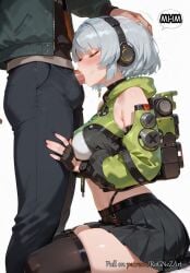 1boy 1girls 2025 ai_generated anby_demara anime backpack bag bangs bare_shoulders black_skirt blush breasts cleavage closed_eyes crop_top crossover detached_sleeves erection explicit fellatio female female_focus fingerless_gloves flushed from_side gloves green_jacket grey_hair handwear headphones highres hoyoverse huge_breasts jacket large_breasts long_sleeves male midriff mihoyo miniskirt navel nsfw oral pants patreon penis pleated_skirt rognezart saliva shirt short_hair simple_background sitting skirt solo solo_focus speech_bubble straight thighhighs uncensored white_background wise_(zenless_zone_zero) zenless_zone_zero