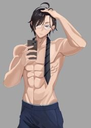 1boy abs ahoge aqua_izumi black_hair blue_eyes bnvt bruneian bruneian_vtuber eyeglasses fixing_hair glasses_on_face hand_on_head holding_phone indie_virtual_youtuber indie_vtuber male male_focus male_only mrkarivt_(bnvt) muscular muscular_male pants pants_pulled_down pecs selfie selfie_pose solo undone_necktie v-cut virtual_youtuber vtuber