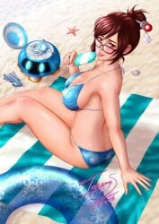1girls activision beach beach_blanket bikini brown_eyes cleavage glasses large_breasts looking_at_viewer mei_(overwatch) overwatch seaside torn_s