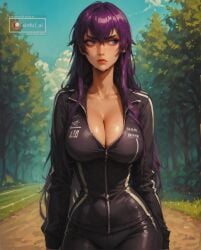 1girls ai_generated aisinful ass big_ass big_breasts big_butt bodysuit breasts busujima_saeko cleavage female female_only hi_res highschool_of_the_dead huge_breasts large_breasts ponytail purple_hair saeko_busujima solo sweat thick_thighs thighs tight_clothing wide_hips