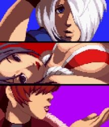 3girls angel_(kof) big_breasts blue_eyes brown_eyes brown_hair fatal_fury huge_breasts king_of_fighters light-skinned_female light_skin long_hair looking_at_viewer mai_shiranui nakamanga nakamangahikari pale-skinned_female pale_skin red_hair shermie_(kof) short_hair snk voluptuous voluptuous_female white_hair