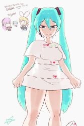 3girls blonde_hair bottomless cut-here_line cut_lines cyan_eyes cyan_hair dark_star_odyssey english english_text female female_only front_view hatsune_miku headphones kagamine_rin long_hair looking_at_viewer megurine_luka no_pants oversized_shirt pink_hair ribbon shirt_only short_hair simple_background smiling_at_viewer solo solo_focus standing text thighs twintails twitter vocaloid watermark white_ribbon white_shirt