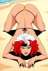 ai ai-created ai_generated airealism87 all_fours ass back bare_back beach bikini black_headband clothing day dimples_of_venus dyed_bangs female full_body g-string green_eyes headband lipstick looking_at_viewer makeup marvel marvel_comics medium_hair multicolored_hair ocean outdoors parted_lips red_hair rogue_(x-men) sand smile solo string_bikini swimsuit thong thong_bikini top-down_bottom-up two-tone_hair water white_hair x-men yellow_bikini