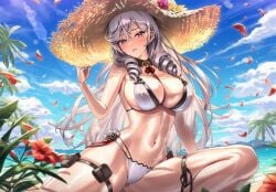 algerie_(azur_lane) algerie_(white_sand_paradise)_(azur_lane) azur_lane bare_shoulders beach bikini blue_sky blush breasts brown_bikini cg cleavage cloud day drill_hair drill_sidelocks female flower grey_hair hair_between_eyes hand_up hat hat_flower large_breasts long_hair looking_at_viewer mole mole_on_breast mole_under_eye navel ocean official_alternate_costume outdoors palm_leaf palm_tree parted_lips petals purple_eyes red_flower sideboob sidelocks sitting sky smile solo stomach straw_hat sun_hat swimsuit thigh_strap thighs tree twin_drills two-tone_bikini white_bikini