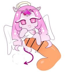 angel_wings big_penis breast_out cookie_run cookie_run_kingdom cookie_run_x_humans devil_tail eternal_sugar_cookie human kuwoesque long_hair pink_eyes pink_hair pink_skin smaller_female tagme