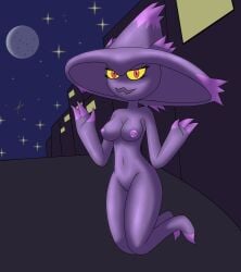 breasts clothing female generation_4_pokemon ghost hat hat_only headgear headgear_only headwear headwear_only hi_res humanoid kirlia_furtive levitation looking_at_viewer mismagius moon mostly_nude night nintendo nipples not_furry nude nude_female outside pokemon pokemon_(species) public public_nudity purple_body purple_clothing purple_hat purple_headwear solo spirit star