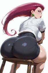 ai_generated huge_ass jessie_(pokemon) long_hair looking_back pokemon safe_for_work sfw sitting_on_chair triniseminator