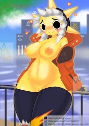 1girls 2d 2d_(artwork) almost_naked almost_nude artist_name bamangojuice banana_symbol belly belly_button big_breasts big_eyes black_eyebrows blue_sky blush blush_lines blush_stickers blushing_at_viewer blushing_female breasts breasts_out brown_nipples cloud clouds cloudy_sky color colored detailed_background digital_media_(artwork) epic_games eyebrows female female_focus female_only fog foggy foggy_background fortnite fortnite:_battle_royale genderswap_(mtf) genitals gloves glowing hand_on_fence heart heart-shaped_pupils hearts_around_head hi_res high_resolution highres hooded_jacket iron_fence jacket jacket_open kneehighs leaf light_skin light_skinned_female long_socks looking_at_viewer nipple nipples no_pants no_shirt orange_jackal owo pixiv_link pixiv_logo pixiv_username pocket pockets pussy rich_black_socks rule_63 smile smile_at_viewer smiley_face smiling smiling_at_viewer socks sun sun_girl sun_humanoid sunspot_(fortnite) sweatdrop text text_background thick thick_ass thick_hips thick_legs thick_thighs thighs thighs_bigger_than_head tree trees twitter_link twitter_logo twitter_username uncensored uncensored_pussy uncensored_vagina vagina vaginal_penetration video_game video_game_character video_games yellow_body