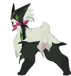 2024 3_fingers :3 anthro anus ass backsack balls barely_visible_anus biped black_body black_fur blush body_blush bottom_heavy breasts butt_focus claws colored digital_media_(artwork) eyelashes felid feline finger_claws fingers frill_(anatomy) full-length_portrait fur generation_9_pokemon genitals green_body green_fur hanging_penis head_tuft hi_res kemono leaning leaning_forward looking_at_viewer looking_back looking_back_at_viewer male mammal mask meowscarada multicolored_body multicolored_fur narrowed_eyes neck_frill nintendo nude paws penis penis_blush perineum pink_eyes pink_nose pokemon pokemon_(species) portrait presenting presenting_hindquarters pseudo_clothing pupils ramssa rear_view seductive shaded short_tail simple_background small_breasts smile solo tail thick_thighs tuft two_tone_body two_tone_fur white_background wide_hips