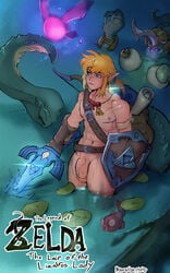 1boy 1girls anthro_penetrated artist_name big_breasts blonde_hair bow breasts english_text fairy female fish flaccid glowing_eyes hair link lizalfos male markydaysaid master_sword nintendo nude penis pointy_ears purple_eyes shield sword text the_legend_of_zelda video_games water