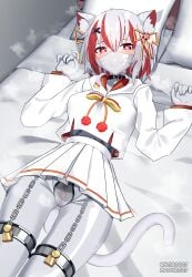 absurdres animal_ear_fluff animal_ears ball_gag black_choker bodysuit breasts cat_ears chastity_belt chastity_bra choker cloth_gag crop_top crop_top_overhang cropped_hoodie dildo female gag gag_under_mask gagged heart heart-shaped_pupils highres hood hoodie improvised_gag latex latex_bodysuit long_hair looking_at_viewer lying maguro27 mask medium_breasts multicolored_hair on_back original over_the_nose_gag pleated_skirt pussy_juice red_eyes red_hair restrained saliva_drip sex_toy skirt solo streaked_hair symbol-shaped_pupils tail thigh_gap white_bodysuit white_hair