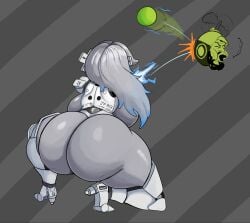 3ds ass_focus console_girls curvy from_behind gigantic_ass gigantic_breasts goddess_of_victory:_nikke holding_firearm hyper nikke's_shooting_pose_(meme) original original_character robot_girl shooting slugshroom thick_thighs voluptuous wide_hips