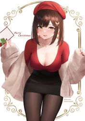 beauty_mark beauty_mark_on_breasts big_breasts breasts busy christmas clothed clothing coat coat_down curves curvy fluffy_coat large_breasts merry_christmas mole mole_on_breast mouth_open oc pantyhose saeu smile smiling tagme thick thick_thighs