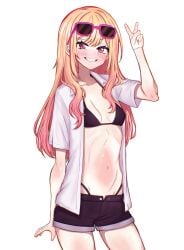 1girls absurdres belly bikini black_bikini blonde_female blonde_hair clothing drintrava embarrassed female female_focus girl gradient_hair highres horny kitagawa_marin long_hair looking_at_viewer looking_back marin_kitagawa multicolored_hair parted_lips peace_sign pink_eyes pink_glasses short_shorts side-tie_bikini sitting small_breasts smaller_female smile smiley_face solo solo_female sono_bisque_doll_wa_koi_wo_suru string_bikini sunglasses sunscreen swimsuit teen teen_girl teenage teenage_girl teenager twitter twitter_username underwear white_shirt white_skin younger_female