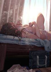 bag bed blush breasts commentary_request female female_masturbation highres huyunokure indoors lying masturbation nipple_stimulation nipple_tweak nipples on_back on_bed original panties school_bag small_breasts solo sweat textless_version tweaking_own_nipple underwear