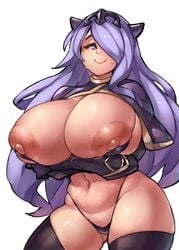 1girls barely_contained big_breasts camilla_(fire_emblem) color female female_only fire_emblem fire_emblem_fates huge_ass huge_breasts large_areolae light_skin long_hair naughty_face navel nipples purple_hair seductive seductive_smile smile solo sweatdrop thick_thighs thighhighs thong wide_hips zako_(arvinry)