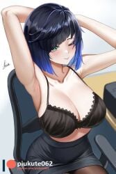 alternate_costume armpits arms_behind_head arms_up artist_name bare_shoulders black_bra black_hair black_pantyhose black_skirt blue_hair blunt_bangs blush bob_cut bra breasts brown_pantyhose cg chair cleavage closed_mouth collarbone diagonal_bangs female genshin_impact gradient_hair green_eyes lace-trimmed_bra lace_trim large_breasts looking_at_viewer miniskirt multicolored_hair office_chair one_eye_closed pantyhose patreon_logo patreon_username pencil_skirt piukute062 short_hair sitting skirt smile solo swivel_chair two-tone_hair underwear web_address yelan_(genshin_impact)