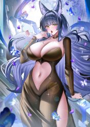 alternate_costume animal_ear_fluff animal_ears azur_lane black_dress black_hair blush breasts bug butterfly cg choker cleavage clothing_cutout cowboy_shot dress facial_mark falling_petals female fox_ears fox_girl fox_tail hand_up large_breasts long_hair long_sleeves looking_at_viewer musashi_(azur_lane) navel navel_cutout open_mouth petals solo tail tongue tongue_out very_long_hair whisker_markings yellow_eyes