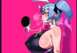 after_fellatio ai_generated blue_hair bunny_ears bunnysuit cum_in_mouth cum_trail from_side glory_hole hatsune_miku heavy_breathing huge_breasts multicolored_hair nipples_visible_through_clothing novelai purple_eyes purple_hair rabbit_hole_(vocaloid) sleepingslop swallowing_cum sweat sweaty sweaty_breasts vocaloid