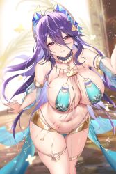 armlet azur_lane bare_shoulders bikini blush breasts cg chi_an_(azur_lane) chi_an_(exotic_dreamland)_(azur_lane) choker cleavage collarbone dancer detached_sleeves earrings female hair_between_eyes hair_ornament jewelry large_breasts long_hair looking_at_viewer navel oxygen_mask_(oxygenmask233) parted_lips purple_eyes purple_hair revealing_clothes smile solo stomach swimsuit thighlet thighs
