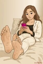 1girls ai_generated barefeet barefoot bedroom brown_hair brunette_hair deviantart_link digital_art feet feet_fetish feet_focus feet_together female foot_fetish foot_focus foot_worship ignoring on_bed on_phone phone scarlethblood sitting_on_bed teen teenage_girl teenager