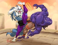 2019 4_toes 5_fingers abs anthro biceps black_hair black_nose blue_fur blue_hair blue_skin bulge canid canine canis capcom claws clothing daemnyk darkstalkers demon drooling duo fight fist fur gallon gloves_(marking) hair hi_res high_kick hungothenomster jon_talbain kick majiin_(hungothenomster) male male_only mammal mane markings multicolored_fur multicolored_hair multicolored_skin muscular muscular_male muscular_thighs pecs purple_skin saliva sharp_teeth socks_(marking) standing teeth tight_underwear toes two_tone_fur two_tone_hair two_tone_skin vampire_savior video_games were werecanid werecanine werewolf white_fur white_hair white_skin wince wolf