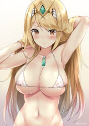 1girls areola_slip areolae arm_up armpits bangs bikini blonde_hair blush breasts cleavage closed_mouth eyebrows_visible_through_hair female glint hairband hand_in_hair hands_behind_head highres huge_breasts kaetzchen large_breasts long_hair looking_at_viewer mythra_(xenoblade) navel nintendo nipples simple_background skindentation solo swept_bangs swimsuit xenoblade_(series) xenoblade_chronicles_2 yellow_eyes