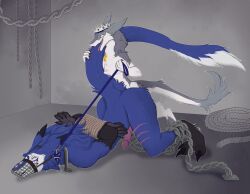 absurd_res anthro arms_tied_behind_back ass blue_body blue_fur bondage bound chains collar digital_media_(artwork) duo erection facial_scar forked_tongue from_behind_position fur genitals grey_body grey_fur hi_res kel leash leash_pull leashed_collar male male/male multicolored_body multicolored_fur muzzle_(object) muzzled nude open_mouth penis raised_tail rear_admiral_position restraints rope rope_bondage scar sergal sex size_difference smile sushigoat tail tongue tongue_out two_tone_body two_tone_fur veela_kahvozein white_body white_fur