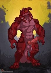 2019 3_toes 4_fingers abs anthro atryl balls barefoot barquin_drulthrash biceps biped claws dragon dragonborn dungeons_and_dragons erection featureless_crotch front_view full-length_portrait glowing glowing_eyes grass hi_res horn looking_at_viewer male male_only muscular muscular_male nude outside patreon pecs penis plantigrade portrait red_claws red_horn red_scales red_tail scales scalie signature slit_pupils solo standing thick_tail toe_claws toes yellow_eyes