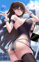 arm_strap ass azur_lane bare_shoulders black_thighhighs blue_sky blush breasts brown_hair brown_thighhighs cg confetti day female flag large_breasts long_hair looking_at_viewer official_alternate_costume outdoors piukute062 race_queen sky solo thighhighs thighs very_long_hair wrist_cuffs yellow_eyes zuikaku_(azur_lane) zuikaku_(the_wind's_true_name)_(azur_lane)