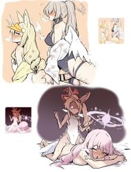 3girls absurdres animal_ear_fluff animal_ears backless_outfit bar_censor blue_archive breasts brown_hair censored clenched_teeth clothed_sex cowgirl_position erection extra_ears fox_ears fox_girl fox_tail futa_with_female futanari grabbing_another's_ass groping halo halterneck highres large_breasts lying mika_(blue_archive) mika_(swimsuit)_(blue_archive) mochiume9 multiple_girls nagisa_(blue_archive) nagisa_(swimsuit)_(blue_archive) on_stomach one-piece_swimsuit open_mouth penis pink_hair pink_halo prone_bone reference_inset seia_(blue_archive) seia_(swimsuit)_(blue_archive) sex sex_from_behind swimsuit tail teeth testicles visor_cap white_one-piece_swimsuit white_wings wings yellow_eyes