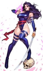 1girls 2026 2d 2d_(artwork) action_pose arm_sleeves artist_name artist_signature belt belt_around_belly big_ass big_breasts clothed clothed_female curvy curvy_body curvy_female curvy_figure curvy_hips energy esper exposed_hips exposed_shoulders exposed_thighs female female_only greenu holding holding_katana holding_object holding_weapon katana leotard light-skinned_female light_skin looking_at_viewer marvel marvel_comics mutant mutant_(marvel) no_underwear powers psylocke psylocke_(kwannon) purple_costume purple_eyes purple_hair purple_leotard purple_lips purple_nails purple_outfit questionable red_belt sfw simple_background skimpy skimpy_clothes skimpy_costume skimpy_outfit skull skull_head solo solo_female superhero_costume superheroine superheroine_costume sword thick thick_ass thick_thighs thigh_highs thighhighs thighs voluptuous voluptuous_female weapon white_background wide_hips x-men
