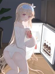 anchorage_(azur_lane) anchorage_(sweet_evening_milk)_(azur_lane) ass azur_lane bare_shoulders blonde_hair blush bottle breasts can cg drink energy_drink female from_behind hair_ornament hair_ribbon hairband hairclip holding holding_can huge_breasts indoors kneeling long_hair long_sleeves looking_at_viewer looking_back mask mask_on_head milk milk_carton no_pants oerba_yun_fang off_shoulder open_mouth panties plant red_eyes refrigerator see-through see-through_silhouette shirt sleep_mask sleeves_past_wrists smile solo underwear very_long_hair white_panties white_shirt wooden_floor