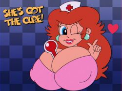 1girls accurate_art_style big_breasts blue_eyes breasts cleavage clothing ear_piercing english_text enormous_breasts eyelashes female female_only gigantic_breasts h987874nsfw hat heart huge_breasts human large_breasts light-skinned_female light_skin lipstick mario_(series) massive_breasts mature mature_female nintendo nurse nurse_cap nurse_uniform pink_shirt princess princess_peach princess_toadstool red_hair red_lipstick royalty smiling the_super_mario_bros._super_show! thermometer upper_body voluptuous voluptuous_female white_hat